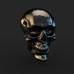 Black glossy skull with light reflections isolated on black background
