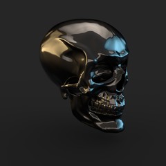Black glossy skull with light reflections isolated on black background