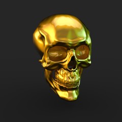 Golden glossy skull with light reflections isolated on black background