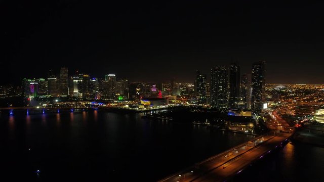 Aerial approach Downtown Miami bayfront scene