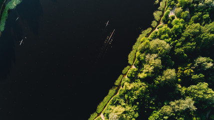 Aerial view of the forest. Canoe. River. Summer. Trees. Kiev. Ukraine.