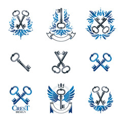 Ancient Keys emblems set. Heraldic Coat of Arms decorative logos isolated vector illustrations collection.