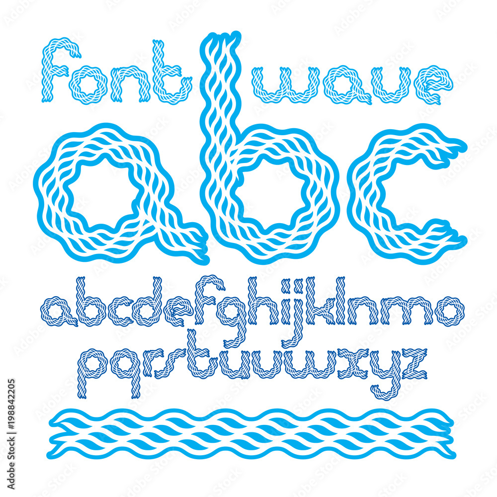 Poster vector lower case rounded alphabet letters collection made with abstract flowing rhythm wave lines.