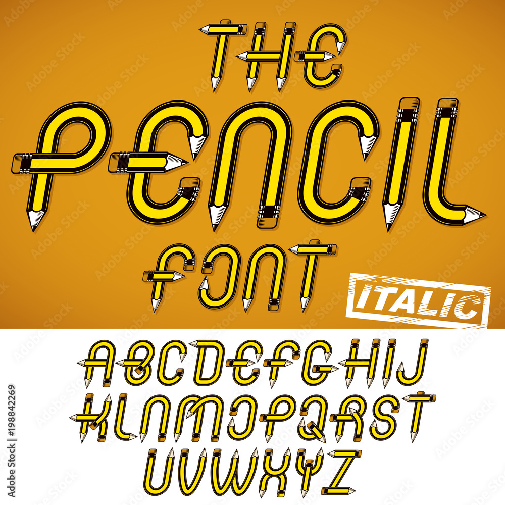 Fototapete Vector script, trendy alphabet letters set created with pencils, education idea. For use in reporting and journalism.