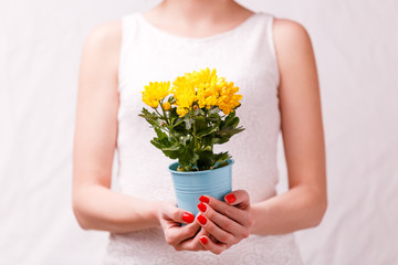 Image of woman holding pot of yellow flower