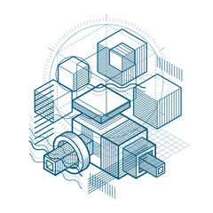 Isometric linear abstract vector background, lined abstraction. Cubes, hexagons, squares, rectangles and different abstract elements.