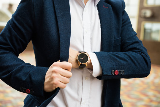 Elegant Man In Blue Suit, Business Man's Hand With Fashion No Br