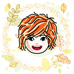Cute girls face, human head. Vector redhead character, smiling girl face features.