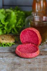 burgers pink (sandwiches) dough with beetroot juice. Beetroot buns burgers