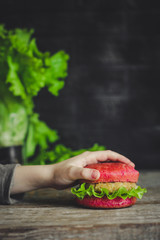 burgers pink (sandwiches) dough with beetroot juice. Beetroot buns burgers