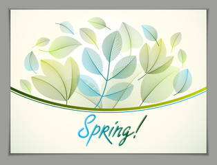 Spring horizontal banner design, vector green and fresh leaves floral beautiful background, Spring Sale, advertising poster, brochure or flyer design. Stylish classy botanical drawing, environment.
