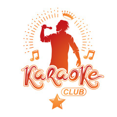 Vector illustration of content man singing, soloist holds a microphone in hand. Karaoke club, feel yourself famous superstar.