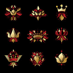 Fototapeta na wymiar Royal symbols, Flowers, floral and crowns, emblems set. Heraldic vector design elements collection. Retro style label, heraldry logo.