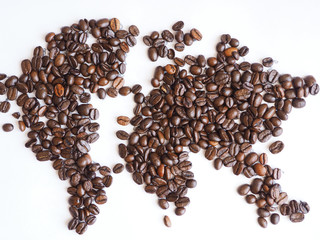 world map arranged from brown coffee beans.