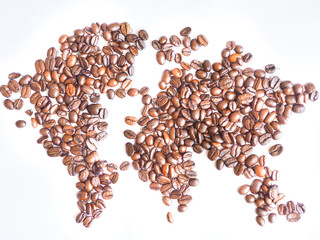 world map arranged from brown coffee beans.