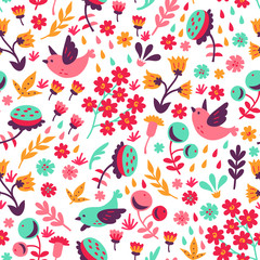 Vector seamless background pattern with birds, flowers