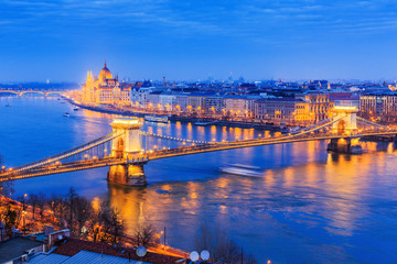 Budapest, Hungary. Chain Bridge and the Parliament.