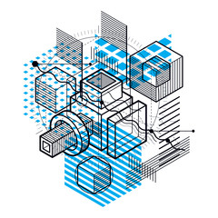Vector background with abstract isometric lines and figures. Template made with cubes, hexagons, squares, rectangles and different abstract elements.