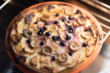 Raw vegan sweet tart, pie or cake with blueberries currants, coconut, dates, bananas, oil, cocoa powder and cashew cream on a silicone plate in the oven . Organic product.