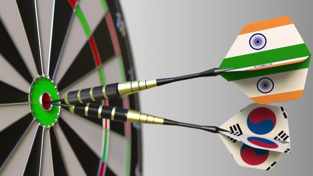 Flags of India and Korea on darts hitting bullseye of the target. International cooperation or competition conceptual animation