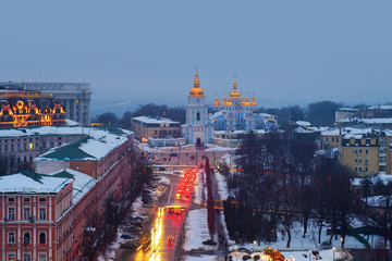 Kyiv, Ukraine, with a view of the St Michaels Golden - Domed Monastery and traffic