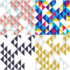 Triangles and rhombs geometric abstract trendy seamless patterns set, colorful vector funky backgrounds collection. Usable for fabric, wallpaper, wrapping, web and print.