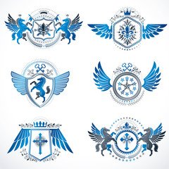 Fototapeta na wymiar Vintage decorative heraldic vector emblems composed with elements like eagle wings, religious crosses, armory and medieval castles, animals. Collection of classy symbolic illustrations.