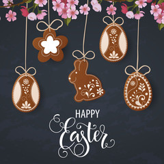 Fototapeta na wymiar Happy Easter greeting, Gingerbread in the form of eggs. Spring holidays, Easter background. Vector illustration EPS10.