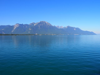 Obraz premium Panoramic alpine Lake Geneva landscape seen from Chateau de Chillon in Montreux city in SWITZERLAND