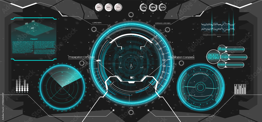 Poster Futuristic VR Head-up Display Design. Future Technology Display Design. Vitrual Reality in HUD UI style. View from the cockpit spaceship. Technology elements,  dashboard, radar, aim in HUD UI style