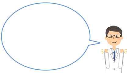 ガッツポーズをする白衣の男性　ふきだし