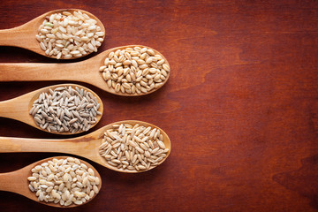 Grains and cereals in wooden spoons. Oats, wheat, rye, secale, barley, integral rice.