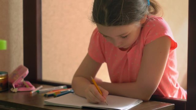 concentrated learning girl writing in a exercise-book
