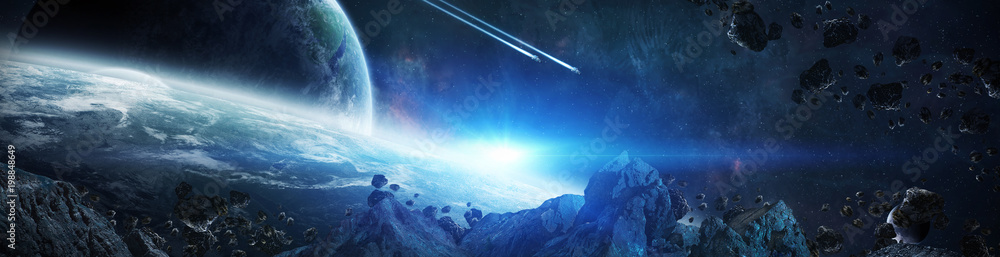 Poster Panorama of distant planet system in space 3D rendering elements of this image furnished by NASA