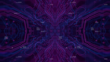 Mirror Symmetry. Purple, violet, blue neon background with digital integrated network technology. Printed circuit board. 3D illustration. Circuit board futuristic server code processing.