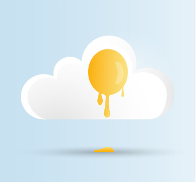 Fried dripping egg in the form of a white and yellow cloud on a blue sky background. Vector illustration for World Egg Day, Easter Holiday or another design use.