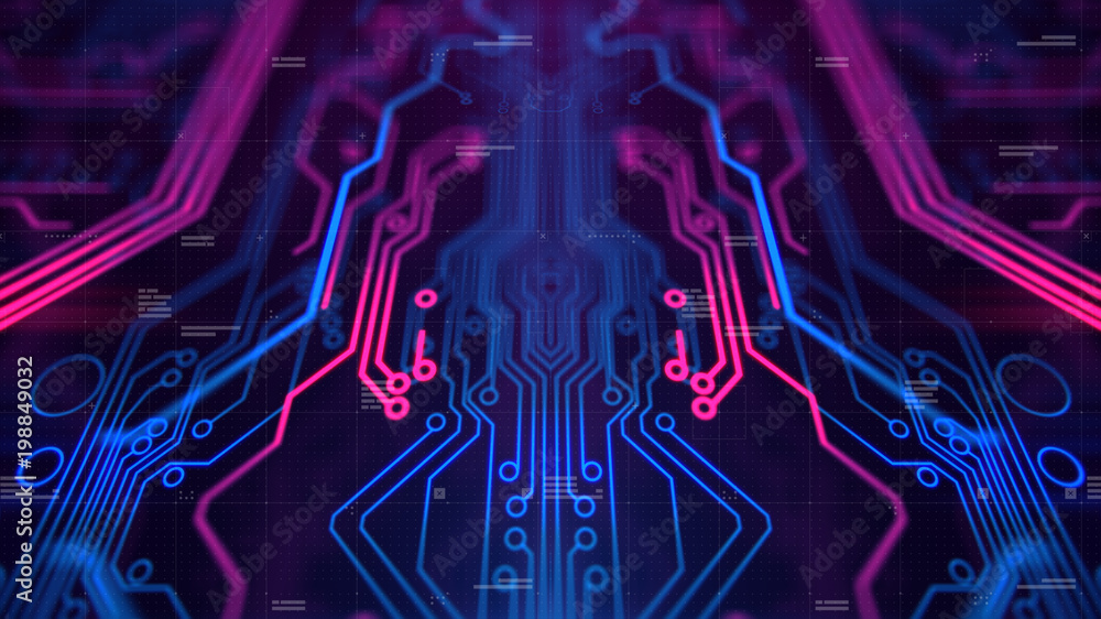 Fototapete kaleidoscope vivid pink. micro chipset purple violet and blue microchip backdrop. abstract backgroun