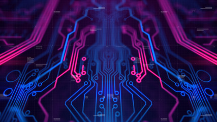Kaleidoscope Vivid Pink. Micro chipset Purple Violet and Blue Microchip backdrop. Abstract background. Digital technology. PCB. Microchip link. 3d illustration. Computer graphic website internet. - obrazy, fototapety, plakaty