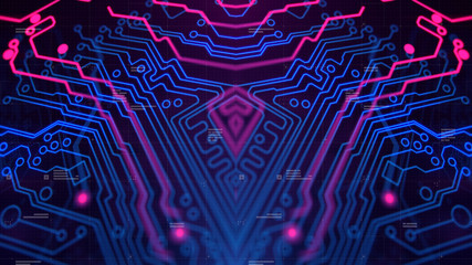 Mirror Symmetry. Purple, violet, blue neon background with digital integrated network technology. Printed circuit board. 3D illustration. Circuit board futuristic server code processing.