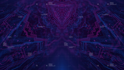 Mirrored pattern. Blue, purple background with digital integrated network technology. Printed circuit board. Technology background. Neon. 3D illustration. Computer infographics website.