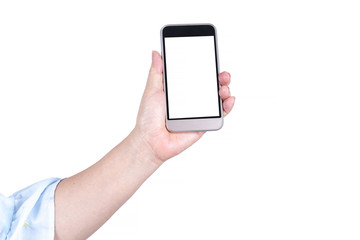 Woman's hand holding modern smartphone isolated on white background