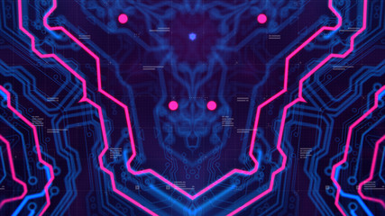 Mirrored pattern. Blue, purple background with digital integrated network technology. Printed circuit board. Technology background. Neon. 3D illustration. Computer infographics website.