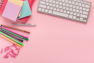 Desk with keyboard and stationery with copy space