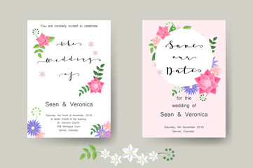 Save the date card, wedding invitation, greeting card with beautiful flowers and letters