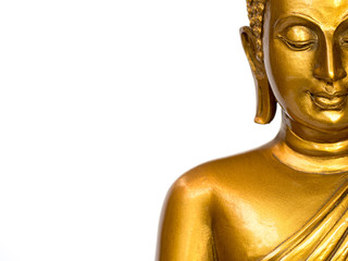 The part of face golden antique buddha statue on the white background (isolated background). The face of the Buddha is Straight face. copyspace for text and content