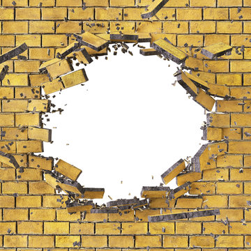 3d render, abstract broken brick wall background, digital illustration, explosion, cracked, concrete, bullet hole, bang, destruction