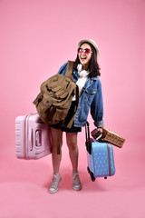 Smiling asian woman traveler carry lot of baggage, Happy tourist girl having cheerful holiday trip,...
