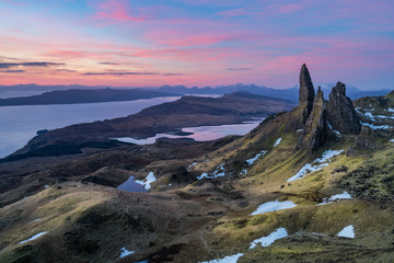 The Old man of Storr in morning time with colorful sky in winter time