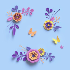 3d rendering, paper art, decorative flowers, floral background, botanical pattern, pastel candy colors, vibrant palette, isolated design elements