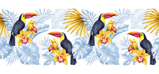 watercolor seamless botanical background, horizontal border, hand painted toucan in the jungle, decorative palm leaves, paradise bird, tropical nature